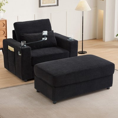 GDFStudio Roy Modern 42.5 Armchair Chaise Lounge Sofa with Movable Storage Ottoman and USB Ports