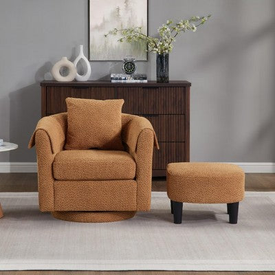 Swivel Accent Chair with Ottoman Set, Modern Chenille Barrel Armchair with Back Pillow & 2 Armrest Covers for Living Room, Bedroom, Office