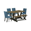 HomeStock 6-Piece Rectangle Distressed Jacobean Finish Solid Wood Top Dining Table with 1-Bench, 4-Chairs