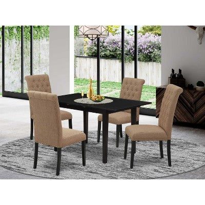 HomeStock 5-Pc Black Solid Wood Top - Rectangular Button Tufted Upholstered Dining Room Set with Butterfly Leaf - Seats 4