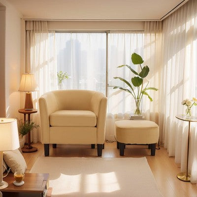 Velvet Accent Chair with Ottoman, Modern Barrel Chair Armchair for Living Room, Bedroom