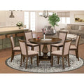 HomeStock 7 Piece Round Dining Set Dark Khaki Linen Fabric Chairs