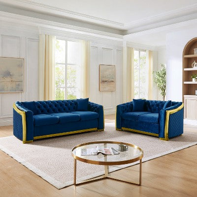 GDFStudio Tom 2 Piece Mid-Century Modern Chesterfield Velvet Upholstered 5-Seater Sofa Set with 4 Pillows