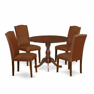 5-Piece Mahogany Finish Solid Wood Top Dining table with 4-Chairs with Drop Leaf