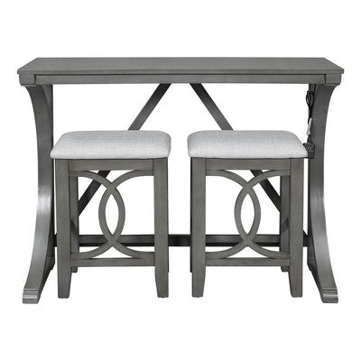 Farmhouse 3 Piece Counter Height Dining Table Set for 2, Wood Console Bar Table with USB Port and Upholstered Stools for Small Space