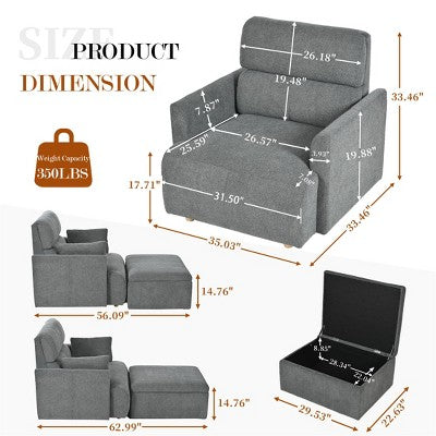 ModernLuxe Upholstered Chaise Lounge with Storage Ottoman, Wide Accent Chair Armchair Lazy Single Sofa Reading Couch Chair, Gray/Beige