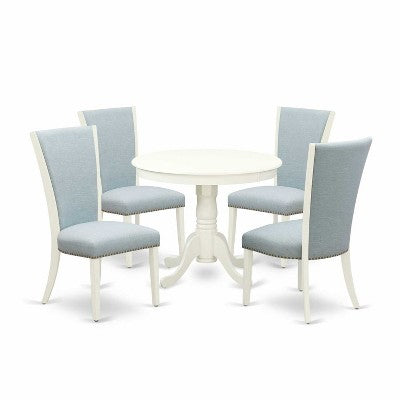 HomeStock 5-Piece Round Linen White Finish Solid Wood Top Dining table with 4 Chairs