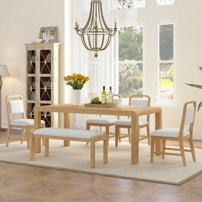 6-Piece Extendable Dining Set with 4 Upholstered Chairs & Bench, 60-72 Mid-Century Modern Kitchen Table with Curved Legs - ModernLuxe