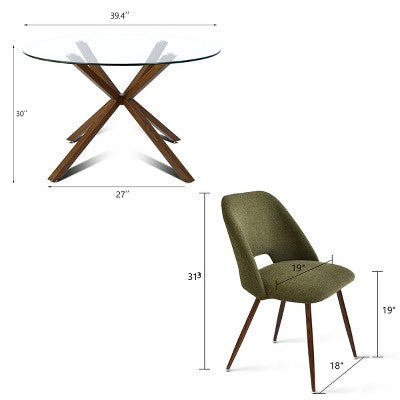 5-Piece Round Glass Dining Table Set with Upholstered Fabric Chairs, Modern Kitchen & Dining Room Furniture with Walnut Legs-Panipeachy