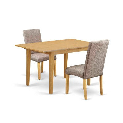 Rectangular Dining Table Set - 3pc Cottage Table & Chairs, Linen Fabric, Dark Khaki Finish