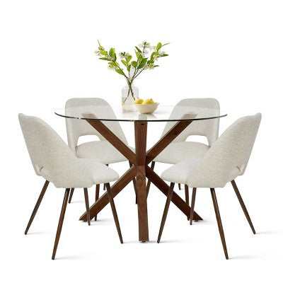 5-Piece Round Glass Dining Table Set with Upholstered Fabric Chairs, Modern Kitchen & Dining Room Furniture with Walnut Legs-Panipeachy