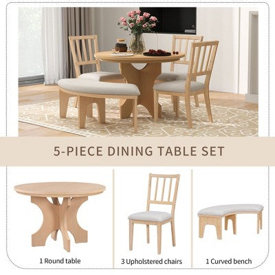 5-piece Rustic Charm Round Dining Set with 3 Upholstered Chairs and Curved Bench for Dining Room, Kitchen and Living room-ModernLuxe