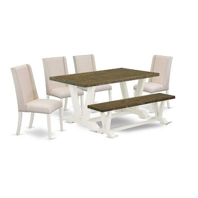 HomeStock 6-Piece Rectangle Distressed Jacobean Finish Solid Wood Top Dining Table with 1-Bench, 4-Chairs