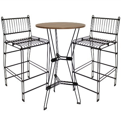 Sunnydaze 3-Piece Indoor Furniture Steel Wire Bar Set with Faux Woodgrain Tabletop - Brown - 3 pc
