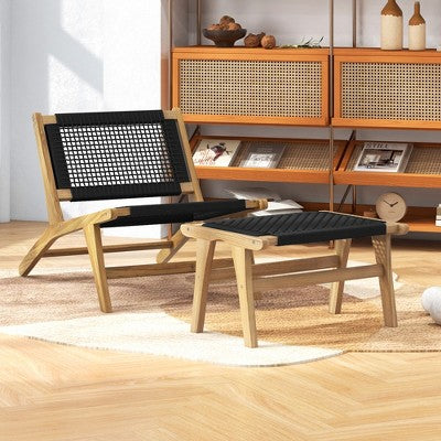 Costway Mid Century Modern Accent Chair w/ Ottoman Living Room Chair w/Teak Wooden Frame