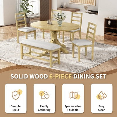 GDFStudio Zayd 6 Piece Dining Set with Extendable Pedestal Table, Ladder Back Chairs and Bench