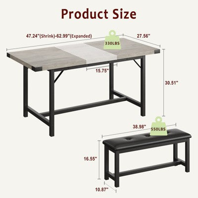 Dining Table Set for 4-6, Large Extendable Wooden Kitchen Table Set for 6, Rectangle Kitchen Table Set with 2 Upholstered Benches