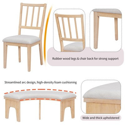 5-piece Rustic Charm Round Dining Set with 3 Upholstered Chairs and Curved Bench for Dining Room, Kitchen and Living room-ModernLuxe