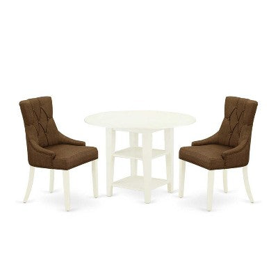 HomeStock 3-Piece Linen White Finish Round Solid Wood Top with Dropleaf Dining Table Set