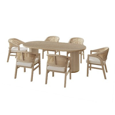 Christopher Knight Home Ilumia Rustic 7 Piece Rattan Rubberwood Upholstered Dining Chairs with Double Pedestal Oval Table