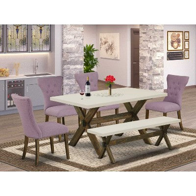 HomeStock 6-Piece Rectangle Distressed Jacobean Finish Solid Wood Top Dining Table with 1-Bench, 4-Chairs