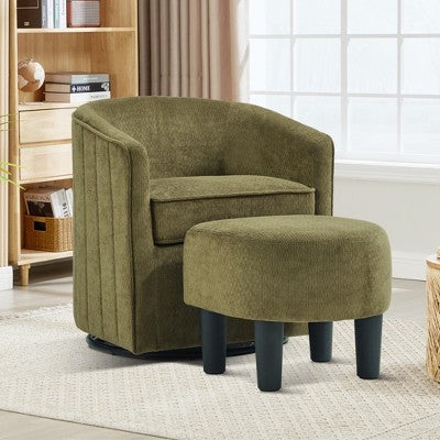 Bestier Swivel Accent Chair with Ottoman Set, Barrel Club Chair with Simple Line Design for Living Room Bedroom, Round Reading Chair
