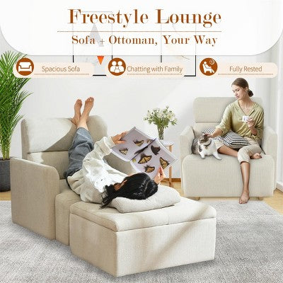 ModernLuxe Upholstered Chaise Lounge with Storage Ottoman, Wide Accent Chair Armchair Lazy Single Sofa Reading Couch Chair, Gray/Beige