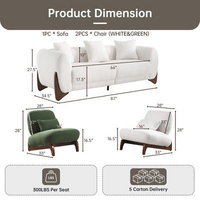 Modern Boucle Fabric Sofa Set - 1 Sofa and 2 chairs with Sleek Wooden Legs for Living Room or Home Office - Morden Fort