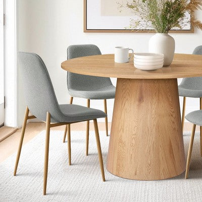 5-Piece Oak Round Dining Table Set, 46 Pedestal Table with 4 Upholstered Dining Chairs, Modern Dining Room Furniture-Panipeachy
