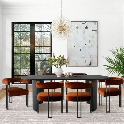 7-Piece Dining Table Set with Velvet Chairs, Modern Oval Black Table & Upholstered Armchairs with Metal Legs for Dining Room-Panipeachy