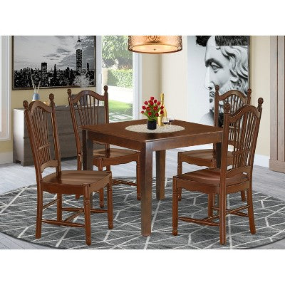 HomeStock Belmont 5Pc Square 36 Dinner Table And Four Wood Seat Kitchen Chairs, Mahogany
