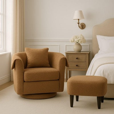 Swivel Accent Chair with Ottoman Set, Modern Chenille Barrel Armchair with Back Pillow & 2 Armrest Covers for Living Room, Bedroom, Office