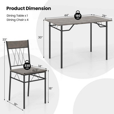 Costway 5PCS Dining Table Set for 4 Rectangular Kitchen Table & 4 Chairs with Metal Frame Cement Gray/Black