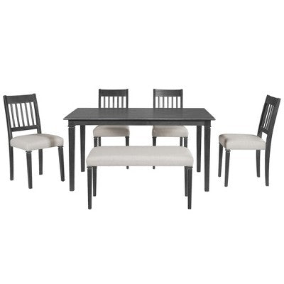 Farmhouse Dining Room Set for 6, 6 Pieces Wooden Rectangular Table and 4 Chairs with Bench for kitchen