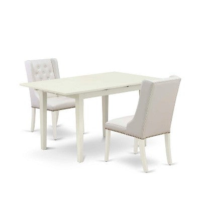 HomeStock 3-Pc Linen White Finish Rectangular Solid Wood Top with Butterfly Leaf Dining Table Set