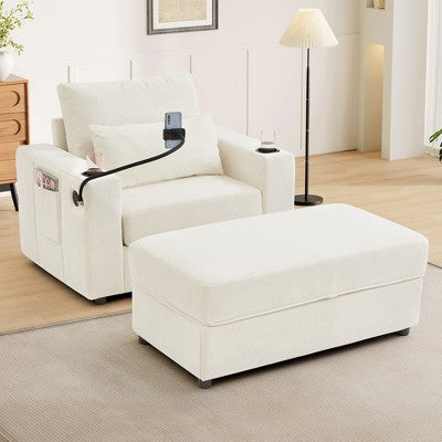 GDFStudio Roy Modern 42.5 Armchair Chaise Lounge Sofa with Movable Storage Ottoman and USB Ports