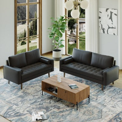 Luige 2 Piece Mid-Century Modern Square Arm Faux Leather Sofa and Loveseat Set - Tree City
