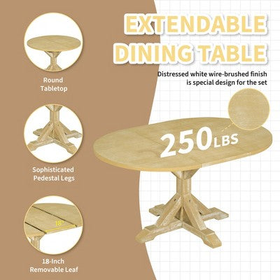 GDFStudio Zayd 6 Piece Dining Set with Extendable Pedestal Table, Ladder Back Chairs and Bench