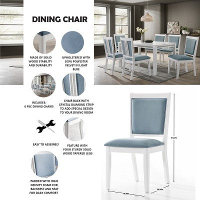 ChaletPosh 7 Pieces Dining Set in White with Light Blue Velvet Cover Dining Chair