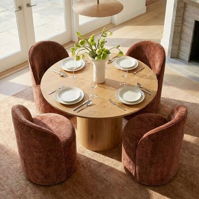Dining Table Set for 4, Modern Barrel Chair with Wheels and Chenille Upholstery, Round Pedestal Table for Small-Dining Areas-Panipeachy