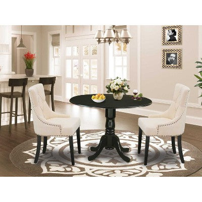 HomeStock 3-Piece Round Black Finish Solid Wood Top Dining Table with 2-Parson Chairs with Drop Leaf