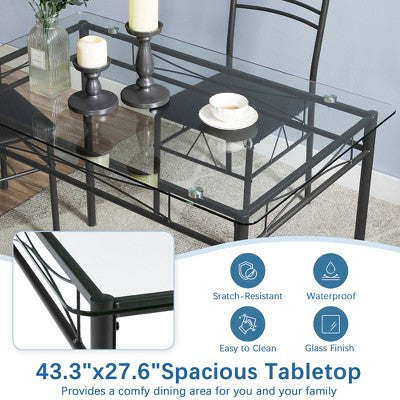 VECELO 5 Piece Dining Table Set with Glass Top Table & 4 Upholstered Chairs, Kitchen Rectangular Table Set Brown/Black