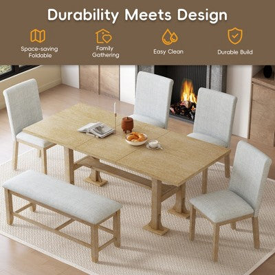 6 Pieces Dining Table Set with Bench for 6, Kitchen Table Set with Storage Drawer and 4 Upholstered Dining Chairs