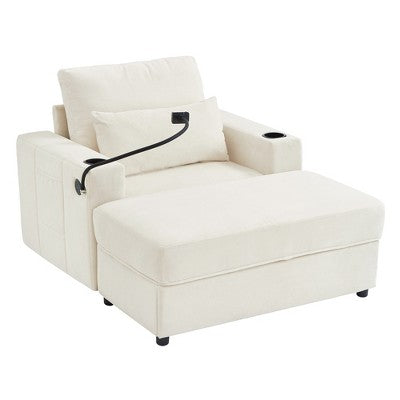 GDFStudio Roy Modern 42.5 Armchair Chaise Lounge Sofa with Movable Storage Ottoman and USB Ports