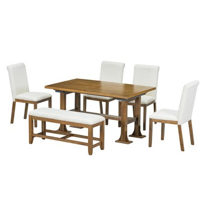 6 Pieces Dining Table Set with Bench for 6, Kitchen Table Set with Storage Drawer and 4 Upholstered Dining Chairs