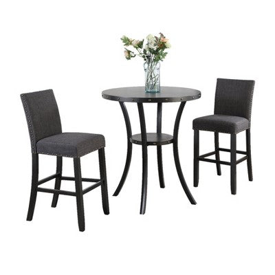 Biony 3-Piece 36 Round Espresso Finish Bar Table with 2 Gray Fabric Nail Head Pub Chairs