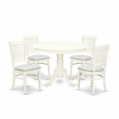 HomeStock 5-Piece Linen White Finish Solid Wood Top Dining table with 4 Chairs with Slat Back