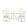HomeStock 5-Piece Linen White Finish Solid Wood Top Dining table with 4 Chairs with Slat Back