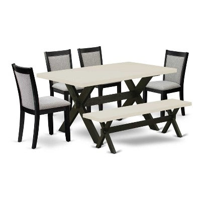 HomeStock 6-Piece Rectangle Natural Oak Finish Solid Wood Top Dining Table with 1-Bench, 4 Upholstered-Chairs