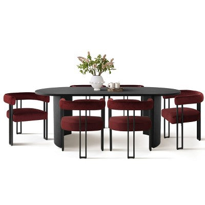 7-Piece Dining Table Set with Velvet Chairs, Modern Oval Black Table & Upholstered Armchairs with Metal Legs for Dining Room-Panipeachy